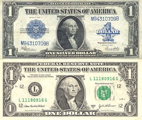 A Silver Certificate (top) and Federal Reserve Note (bottom)