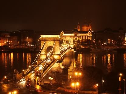 One of Budapest's grand bridges from a high viewpoint