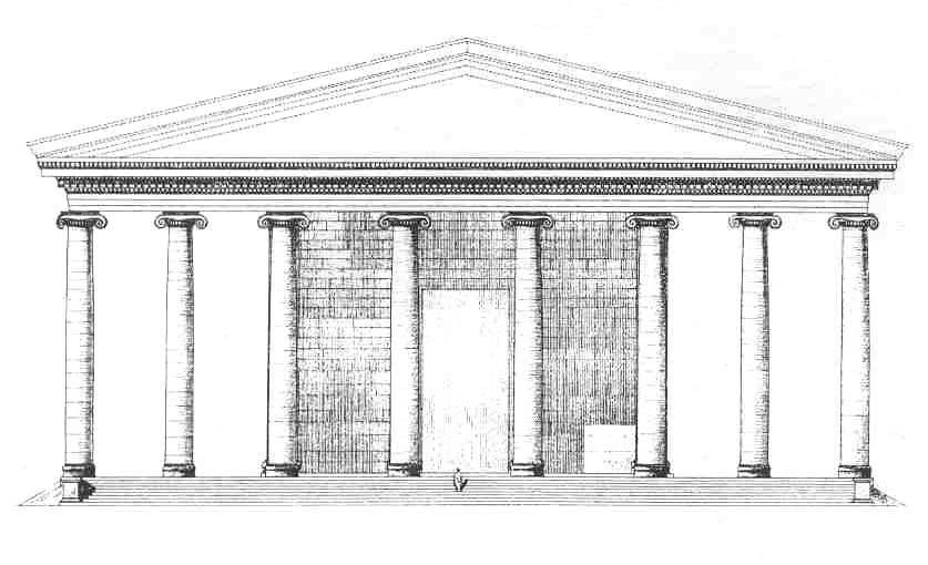 Reconstrucción del templo de Hera en la isla griega de Samos. Es el templo mayor de su época, con una longitud de 120 metros. La construcción empezó en el año 530 a. de C. y continuó hasta el siglo tercero a. de C. Reproducido de Der Heratempel von Samos de Oscar Reuther (1957).
