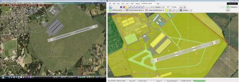 Similarly, ADE 1.40 connected to FSX via FSUIPC; also note that the two hangar plan shapes are correctly sized by ADE 1.40.