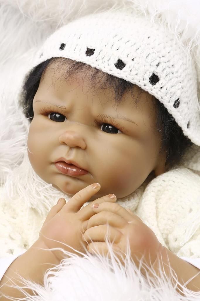 Nicery Reborn Baby Indian Doll Silicone Black Skin 22in 55cm Toy White Dog NPK